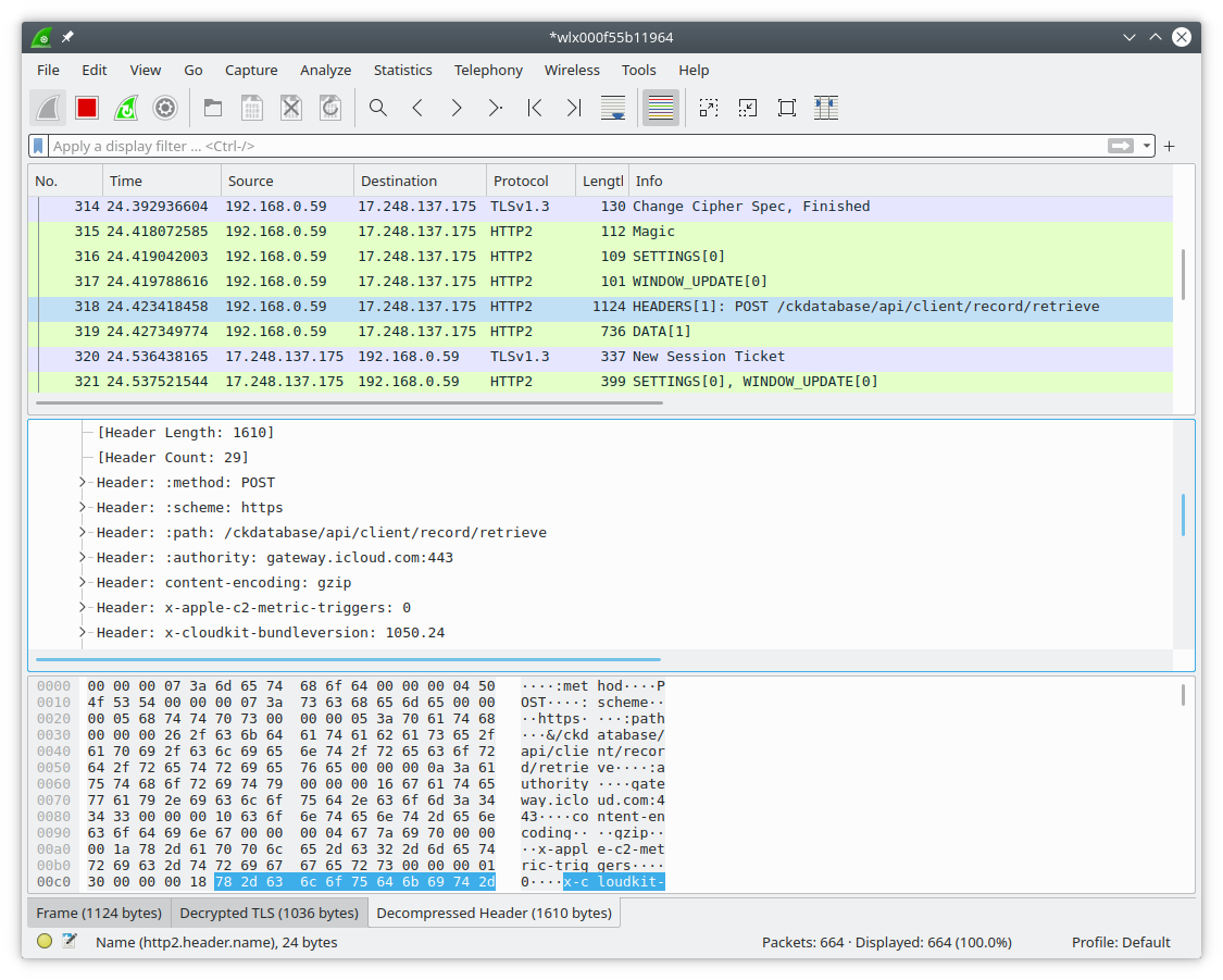 Wireshark showing TLS-encrypted HTTP2 requests from iOS